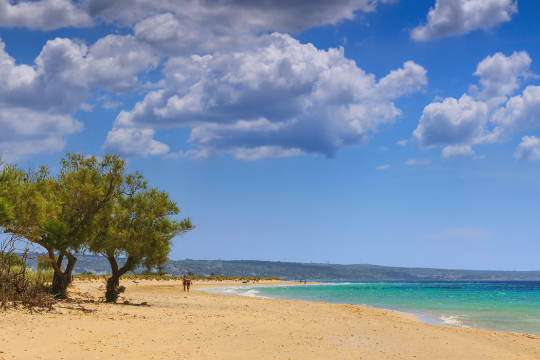 Spiaggia sabbiosa del Salento con mare turchese, alberi costieri e cielo ricco di nuvole.